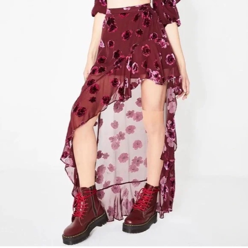 For Love And Lemons Sophia Velvet Floral Asymmetrical Skirt